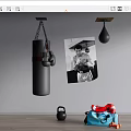 Sports Equipment Setup With Hanging Punching Bag Boxing Gloves Kettlebell Helmet And Sports Bag