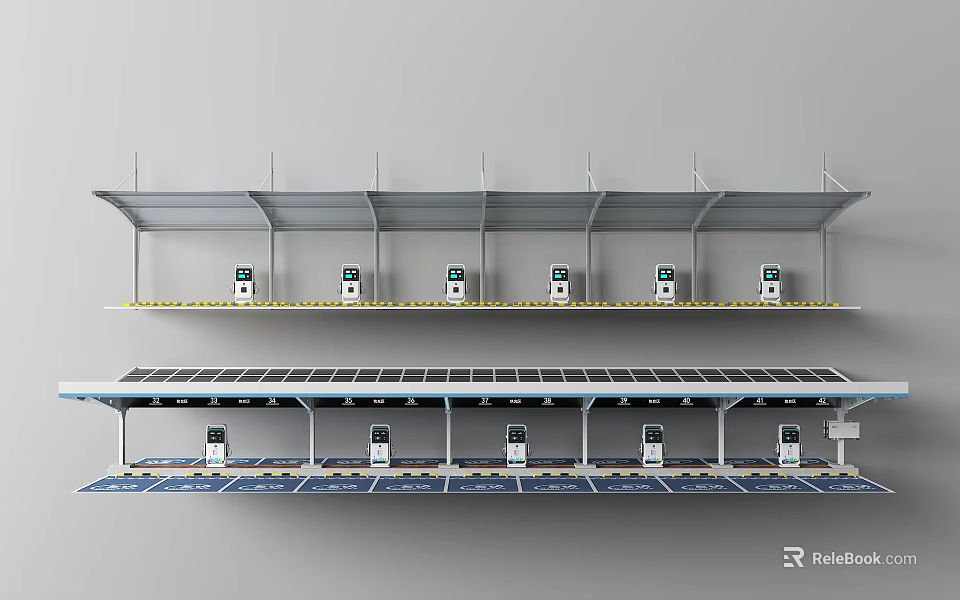 Outdoor Solar Panel Covered Canopy With Multiple Charging Stations Below 3d model