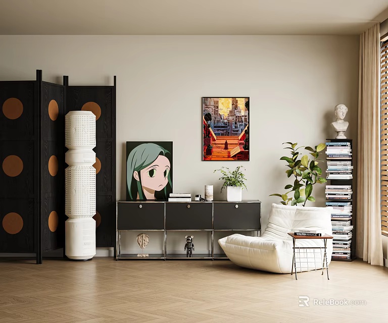 Black Decorative Cabinet With White Sculptural Column Wall Art Green Plants And Dot Pattern Screen 3d model 