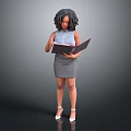 Professional Woman Holding Open Folder In Blue Shirt And Gray Skirt With White High Heels
