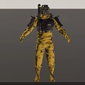 Game Movie Character In Yellow Protective Suit With Gas Mask And Backpack Gear