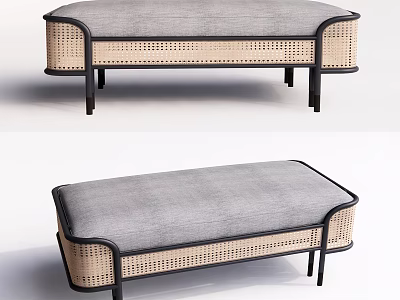 Stylish Modern Ottoman With Gray Upholstered Seat Rattan Panels And Black Legs 3d model