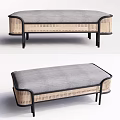 Stylish Modern Ottoman With Gray Upholstered Seat Rattan Panels And Black Legs