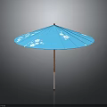 Outdoor Garden Furniture Blue Patio Umbrella With White Floral Pattern And Wooden Pole