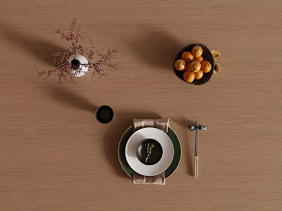 Elegant Tableware Set With Ceramic Plates Bowl Chopsticks And Orange Fruits Vase 3d model