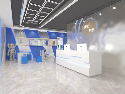 Modern Clothing Store Interior With Blue White Decor Display Shelves And Reception Counter 3d model