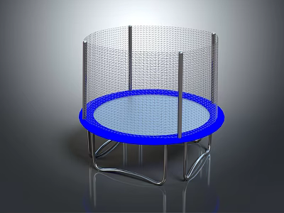 Round Trampoline with Blue Jumping Surface Metal Frame Safety Net Enclosure and Support Legs 3d model