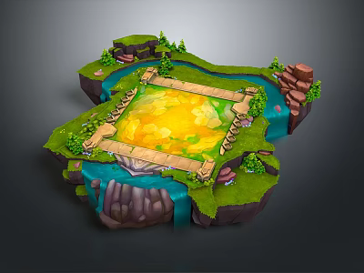 Lush Green Natural Scene With Central Yellow Pond Wooden Bridge Waterfall Small Trees And Rocks 3d model