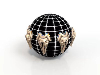 3D Model Sphere With Black Grid Surface And Golden Mask Like Ornaments 3d model