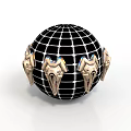 3D Model Sphere With Black Grid Surface And Golden Mask Like Ornaments