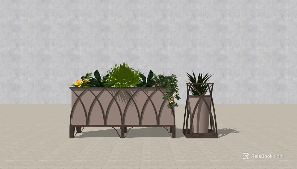 Decorative Flower Planters With Metal Diamond Pattern Frame Filled Green Leaves And Yellow Flowers 3d model 