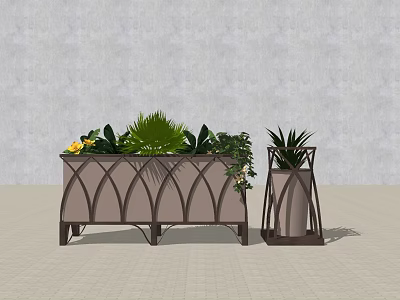 Decorative Flower Planters With Metal Diamond Pattern Frame Filled Green Leaves And Yellow Flowers 3d model