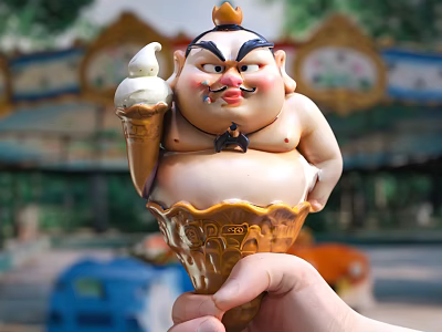 Delightful Ice Cream Cone With Chubby Monk Cartoon Figure Hat And Carousel Trees Background 3d model