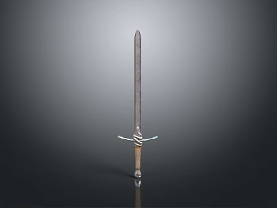 Medieval Sword Weapon with Metal Blade Crossguard and Wooden Hilt on Reflective Surface 3d model