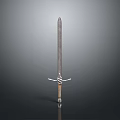 Medieval Sword Weapon with Metal Blade Crossguard and Wooden Hilt on Reflective Surface