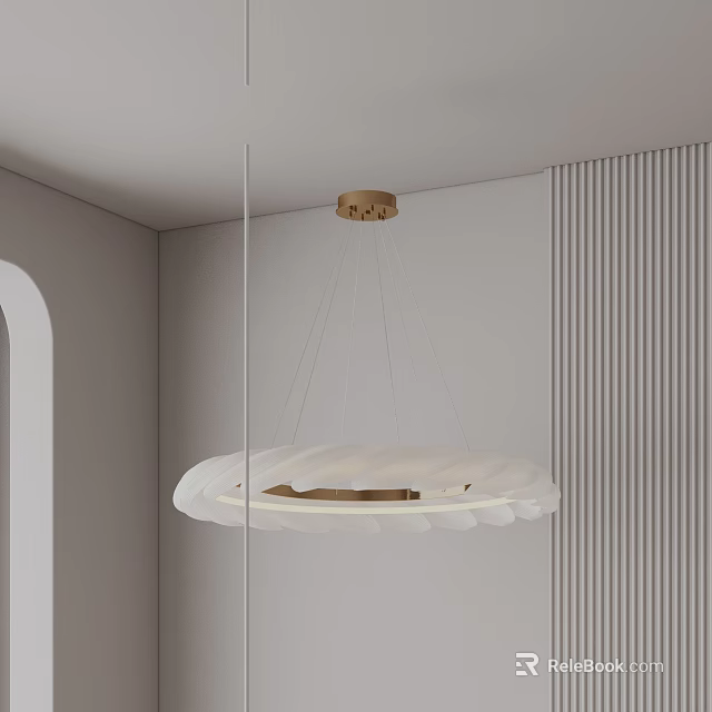 White Petal Shaped Chandelier With Golden Base In Modern Interior Gray Walls And Vertical Stripes 3d model 