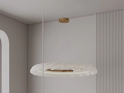 White Petal Shaped Chandelier With Golden Base In Modern Interior Gray Walls And Vertical Stripes 3d model