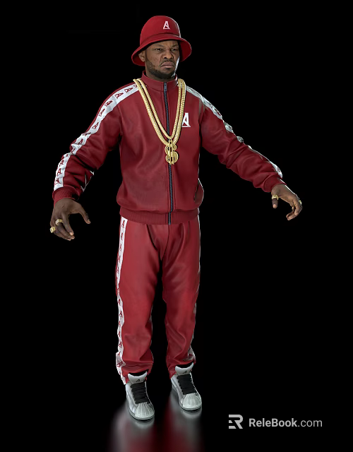 Man In Red Tracksuit With White Stripes And Gold Chain On Black Background 3d model 
