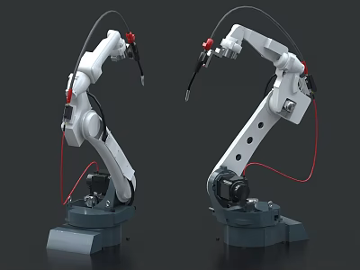 White Industrial Robotic Arms With Red Cables And Gray Bases For Industrial Equipment Use 3d model