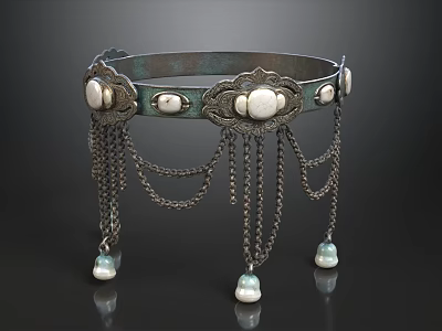 Ancient Bronze Ornament With White Round Beads Hanging Chains And Small Bells 3d model