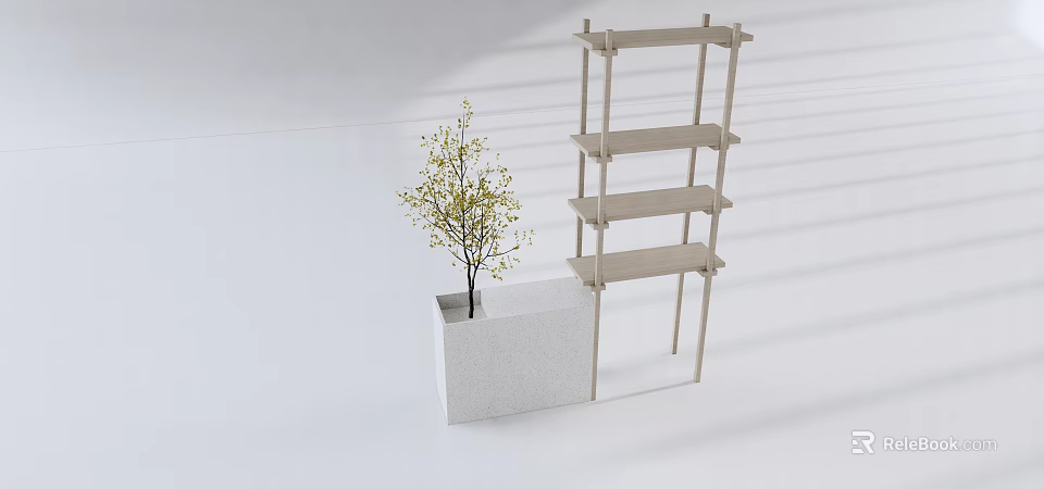 Multi tiered Display Shelf With White Planter And Small Tree In Bright Light 3d model 