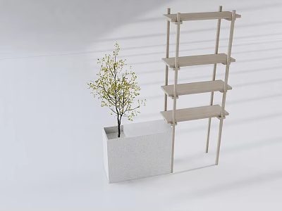 Multi tiered Display Shelf With White Planter And Small Tree In Bright Light 3d model