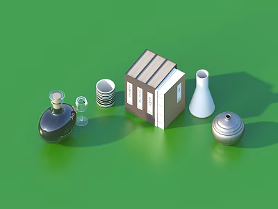 Assorted Household Items Including Black Bottle Wine Glass Striped Cups Books Vase And Container 3d model