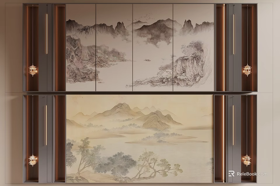 Traditional Chinese Landscape Painting Backdrop Wall with Wooden Frame and Segmented Panels 3d model 