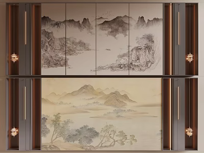 Traditional Chinese Landscape Painting Backdrop Wall with Wooden Frame and Segmented Panels 3d model
