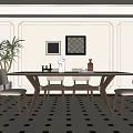 Modern Dining Table Set With Marble Top Four Wooden Chairs Decorative Paintings And Striped Rug