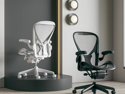 Two Modern White And Black Mesh Office Chairs With Ergonomic Design In Contemporary Interior 3d model