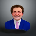 A Man Wearing Blue Suit White Shirt Pink Tie With Brown Curls Against Gray Background