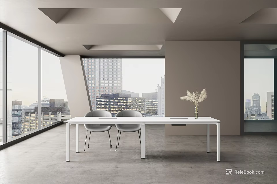 Modern Office Desk With White Tabletop Gray Chairs And City View Through Large Window 3d model 