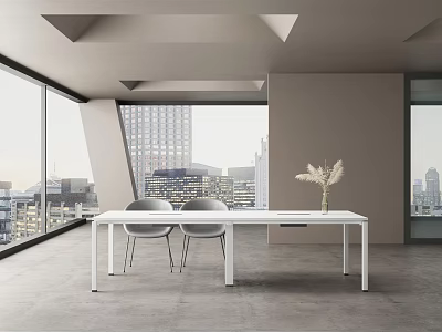 Modern Office Desk With White Tabletop Gray Chairs And City View Through Large Window 3d model