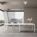 Modern Office Desk With White Tabletop Gray Chairs And City View Through Large Window