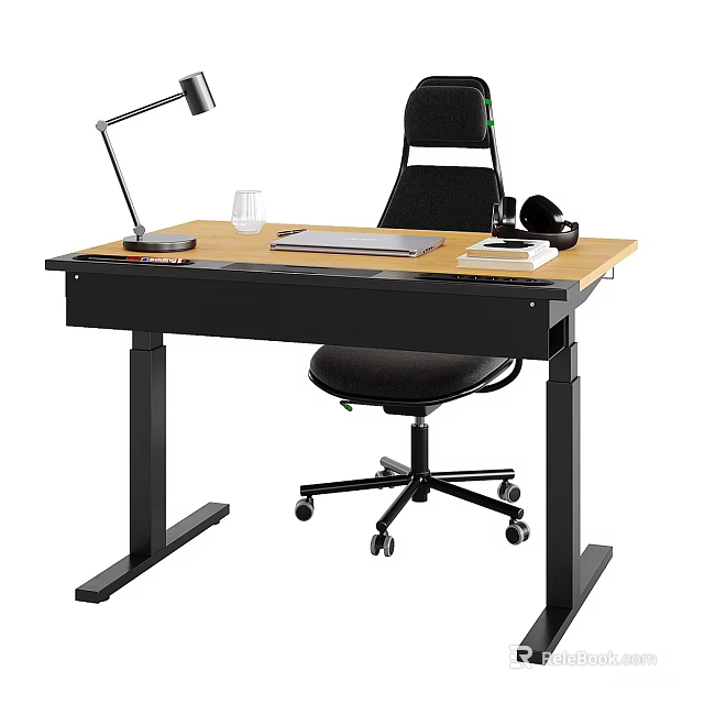 Adjustable Wooden Top Desk With Office Chair Lamp Laptop And Headphones 3d model 