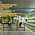 Modern Fitness Gym Interior With Green Walls Yellow Tires Exercise Equipment And Yellow Floor Lines