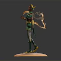 Female Warrior with Green Gold Armor and Yellow Energy Ribbons Holding Gun on Sand Base