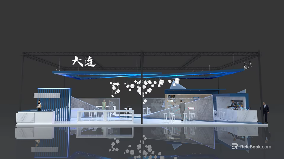 Modern Dalian Exhibition Booth With Blue Decor And White Lighting Structure 3d model 