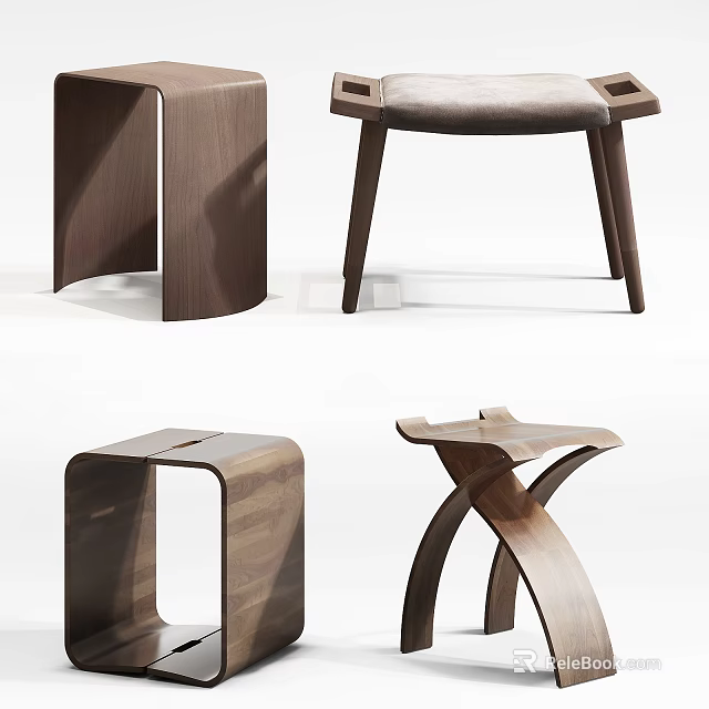 Modern Wooden Stools With Various Designs And Sleek Curved Legs In Minimalist Style 3d model 