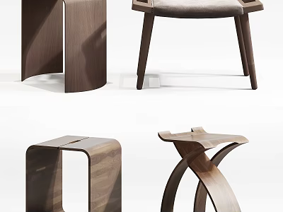 Modern Wooden Stools With Various Designs And Sleek Curved Legs In Minimalist Style 3d model