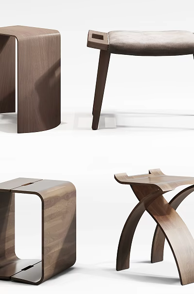 Modern Wooden Stools With Various Designs And Sleek Curved Legs In Minimalist Style 3d model