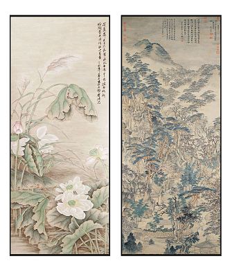 Chinese Landscape Painting Elegant Lotus Mountain Stone Landscape Pattern Hanging Painting Combination 3d model