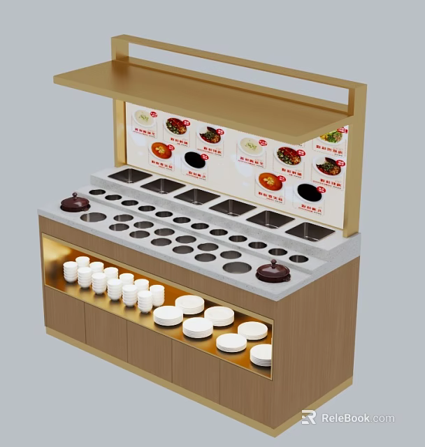 Modern Hotpot Restaurant Sauce Station With Assorted Seasoning Compartments And Storage Cabinets 3d model 