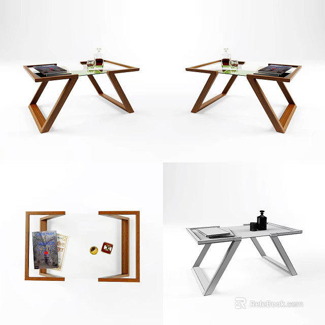 Modern Coffee Table With Wooden Geometric Legs Glass Top And Decor Items 3d model 