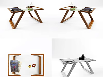 Modern Coffee Table With Wooden Geometric Legs Glass Top And Decor Items 3d model
