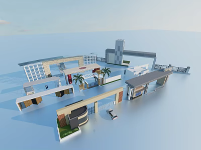 Modern Entrance Gate Design Featuring Architectural Structure Palm Trees And Pathway 3d model