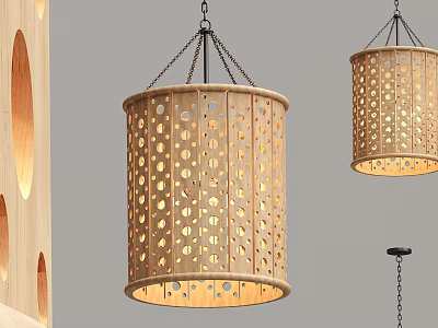 Wooden Pendant Lights With Hollowed Dot Patterns And Warm Light Glowing In Modern Design 3d model