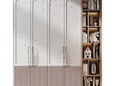 Modern White Wardrobe with Decorative Studs Striped Base and Adjacent Bookshelf with Figurines 3d model
