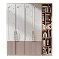 Modern White Wardrobe with Decorative Studs Striped Base and Adjacent Bookshelf with Figurines